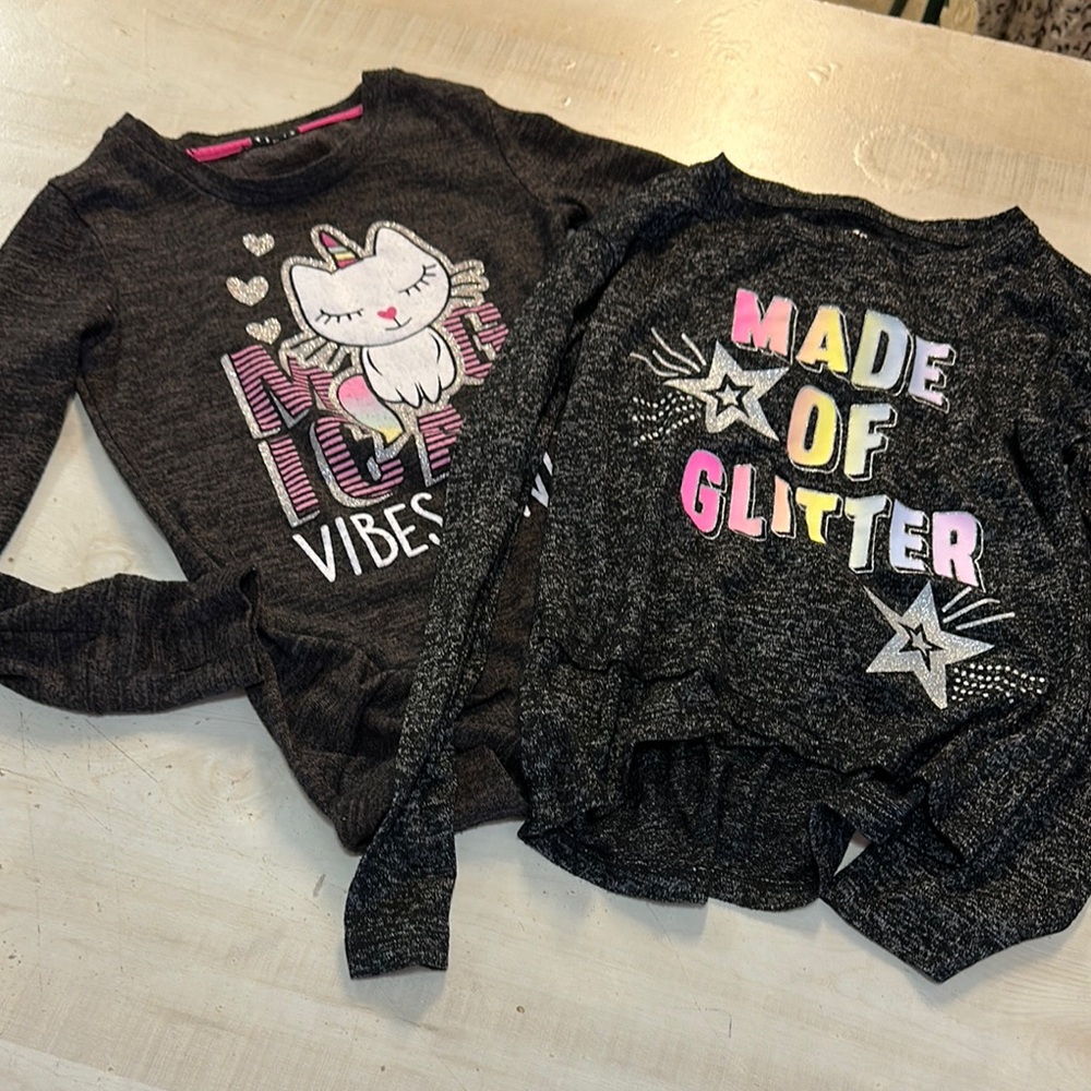 Set of two glitter graphic long sleeve lightweight sweaters